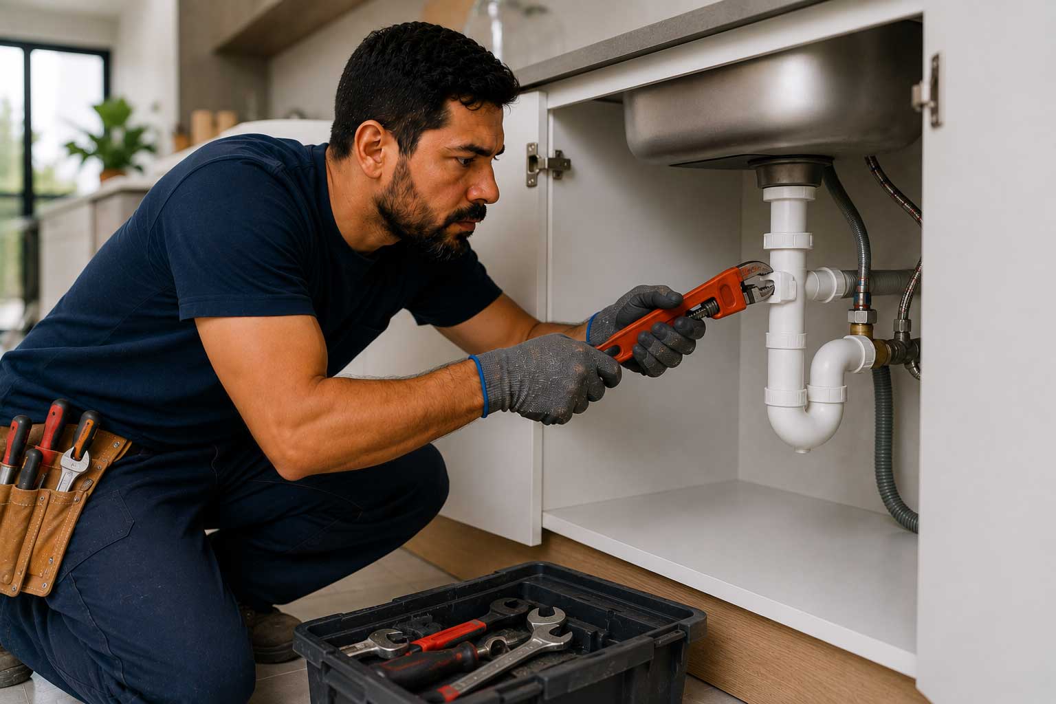 Profissional realizando reparo hidráulico